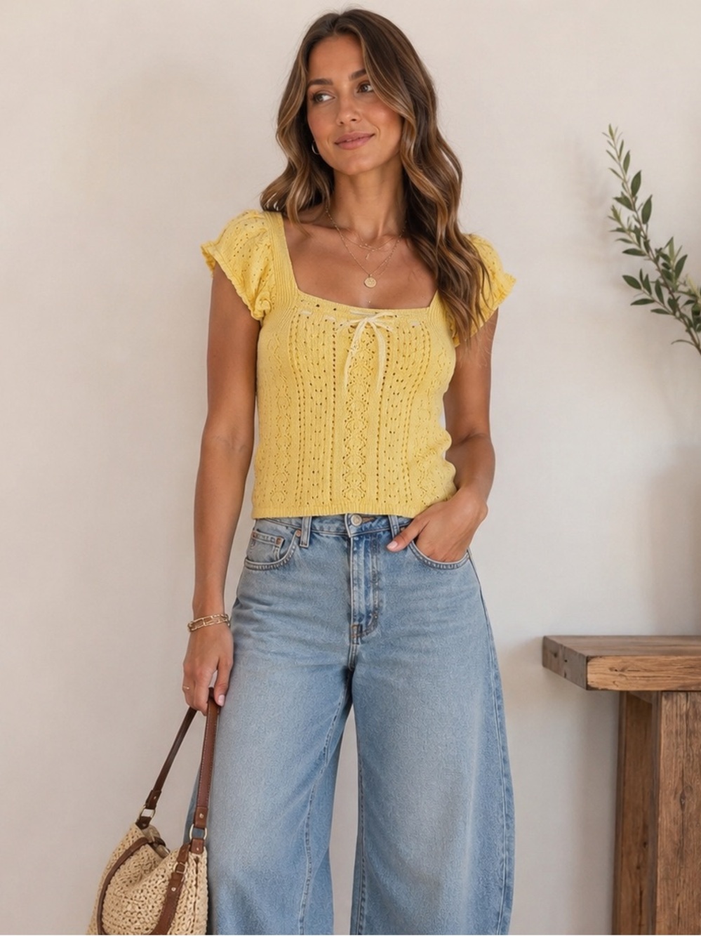 Haute Hippie Yellow Knit Cottagecore Coquette 100% Cotton Top Size Large